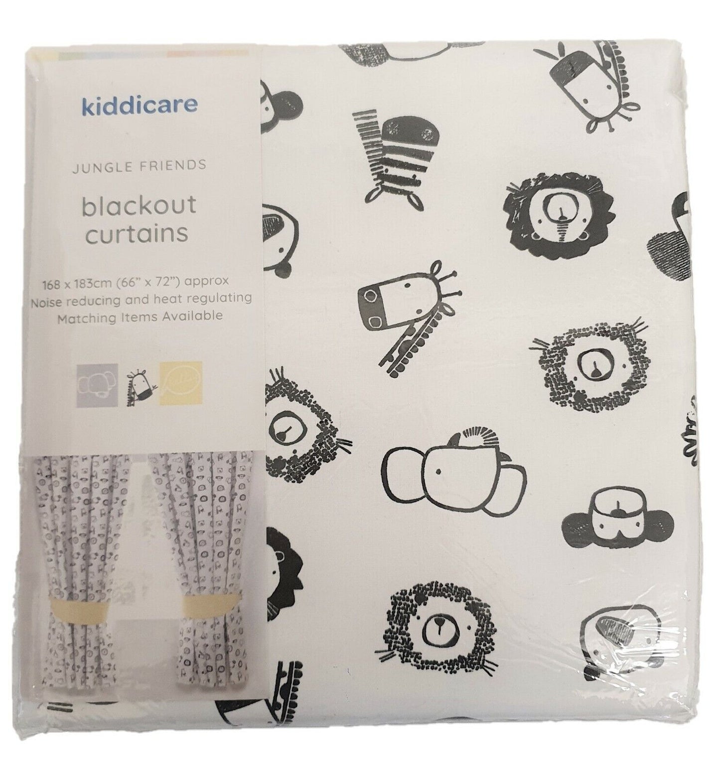 Kiddicare Jungle Friends Blackout Curtains Monochrome Animals 168x183 cm P Pleat