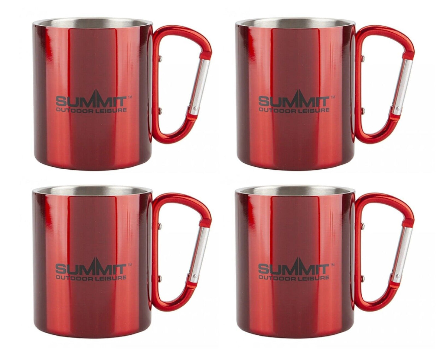 Summit Stainless Steel Mugs RED w/ Carabiner Handle 300ml (4 Mug Set) BNIB