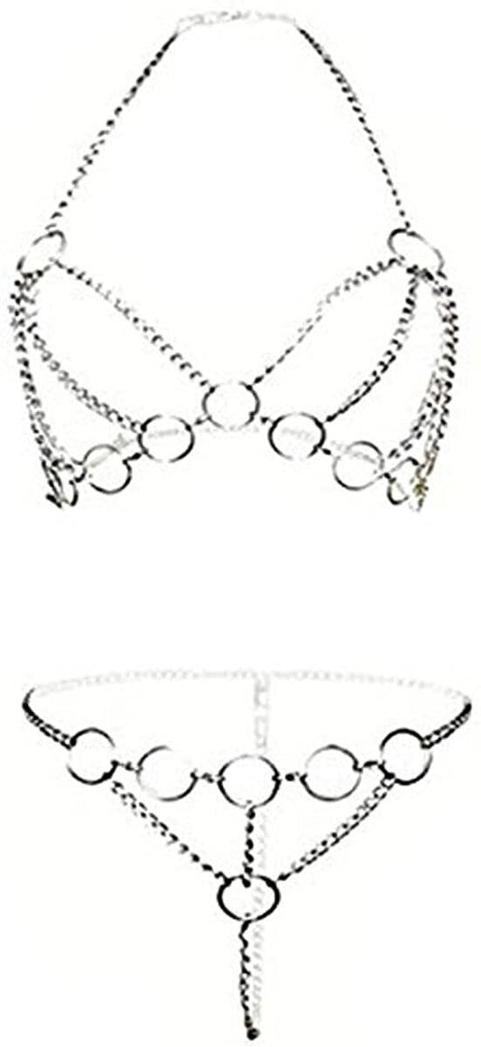 Ladies Chain Link Underwear Set Open Cup Perspective Harness Roleplay (Style-B)