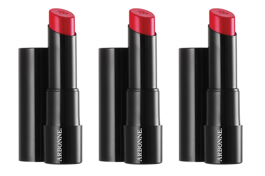Arbonne Smoothed Over Lipstick BNIB Set of 3 Lipsticks In Gladiola Red
