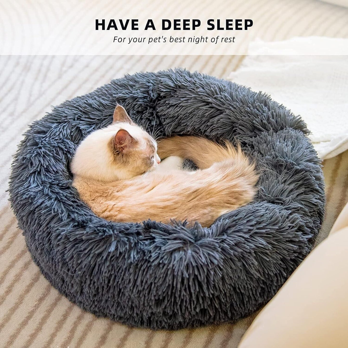 RAINBEAN Plush Cat & Dog Bed, Round Donut Pet Bed Dark Grey 70cm Diameter