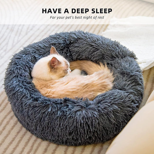 RAINBEAN Plush Cat & Dog Bed, Round Donut Pet Bed Dark Grey 70cm Diameter