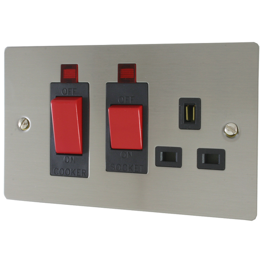 Volex Flat Cooker Unit With Switched Socket & Neon, Black Int. Coated Steel