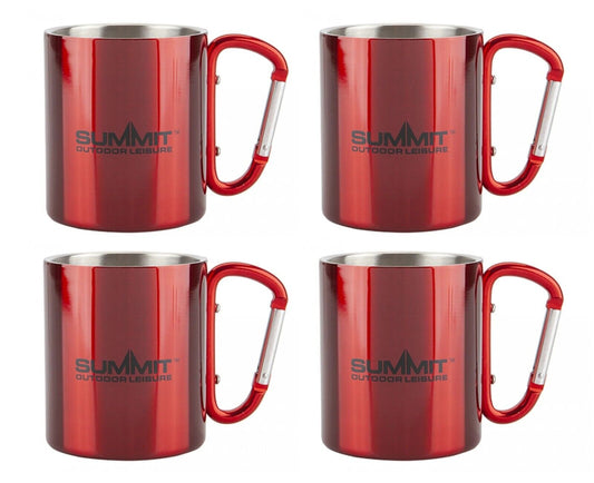 Summit Stainless Steel Mugs RED w/ Carabiner Handle 300ml (4 Mug Set) BNIB